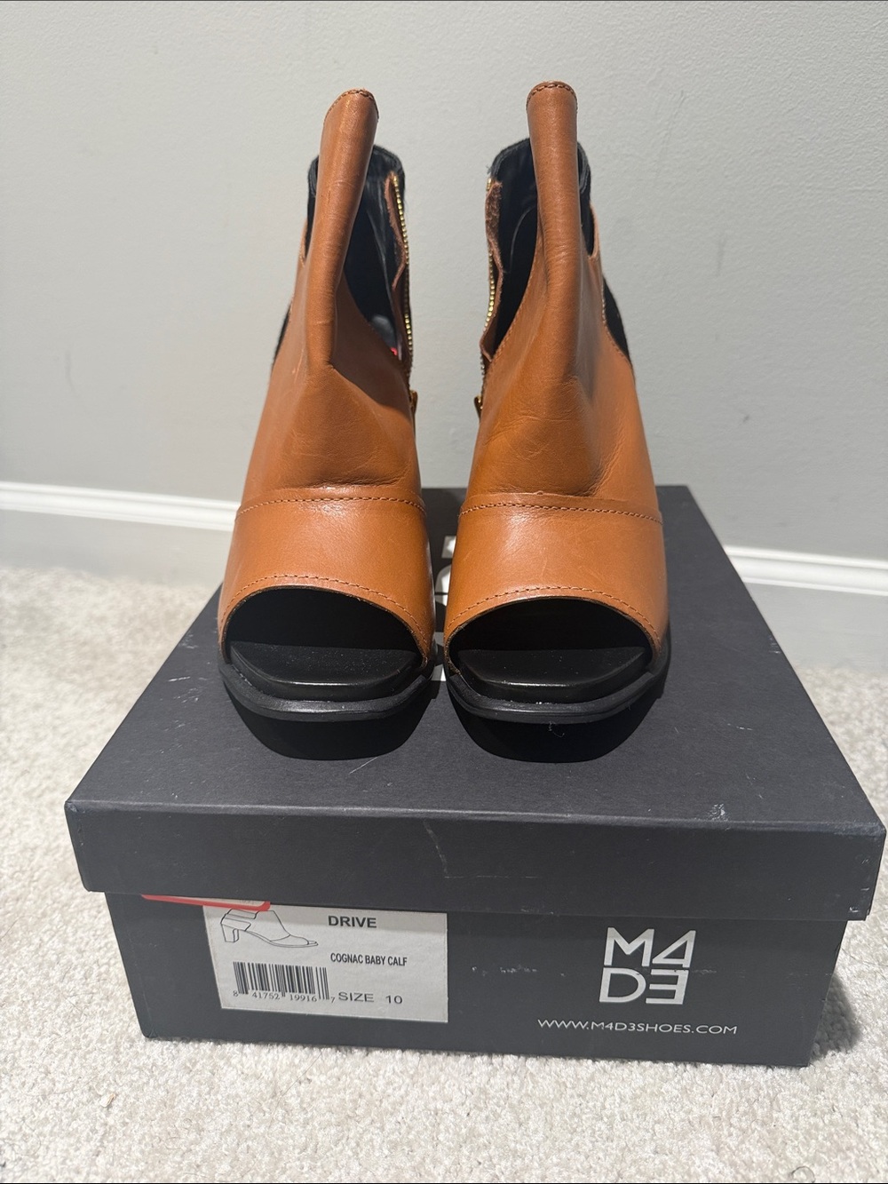 M4D3 SHOES Cognac Peep-Toe Heeled Booties - Women. Never worn.